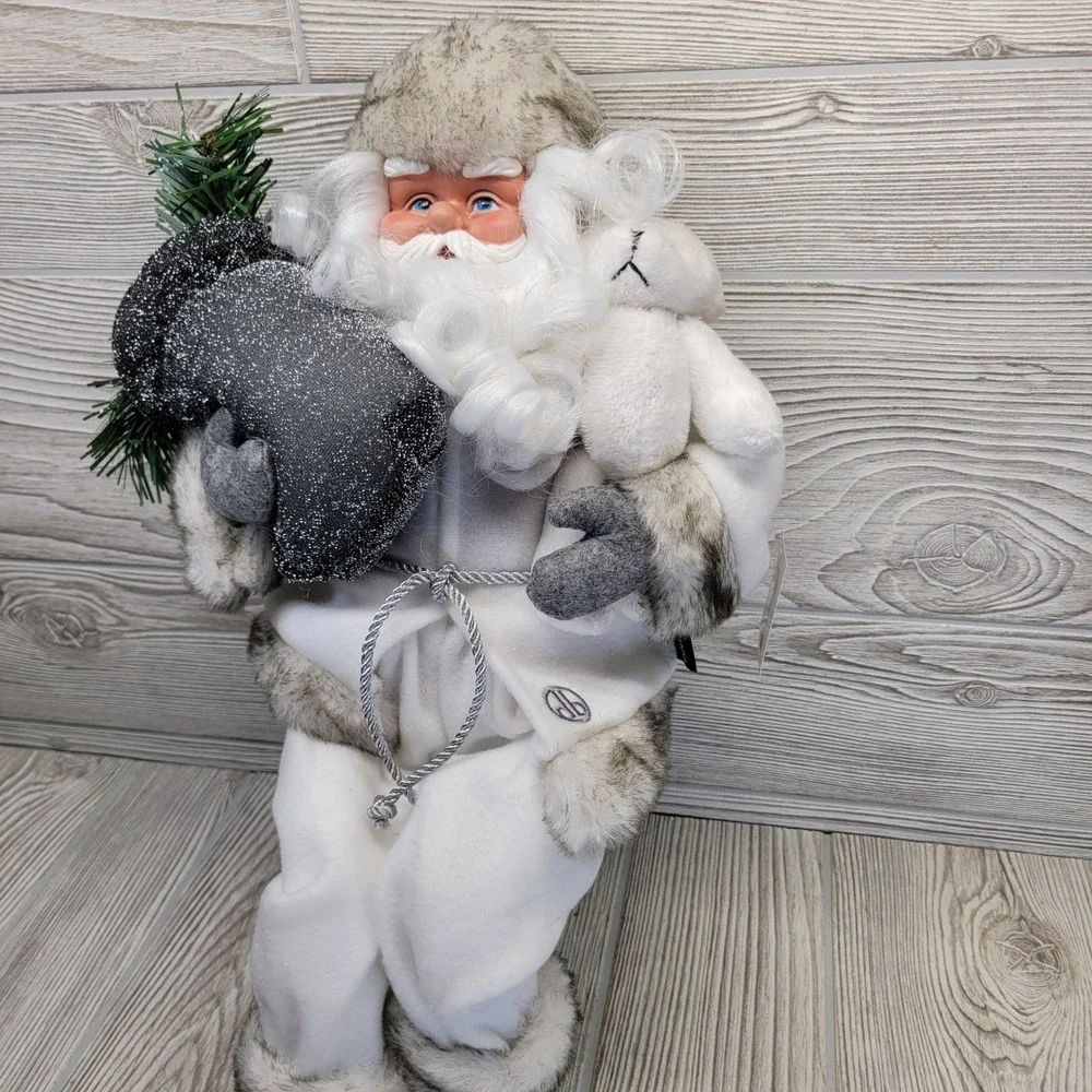 Dennis Basso Home Sitting Santa Christmas Winter White Woodland‎ Rustic Faux Fur